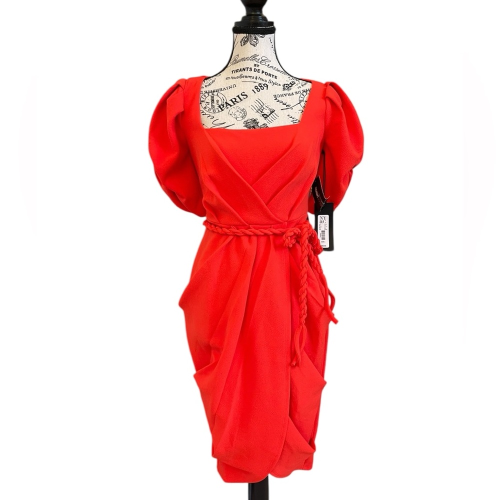 Gabrielle Union NY&Co XS Orange Puff Sleeve Surplice Belted Midi Dress NWT